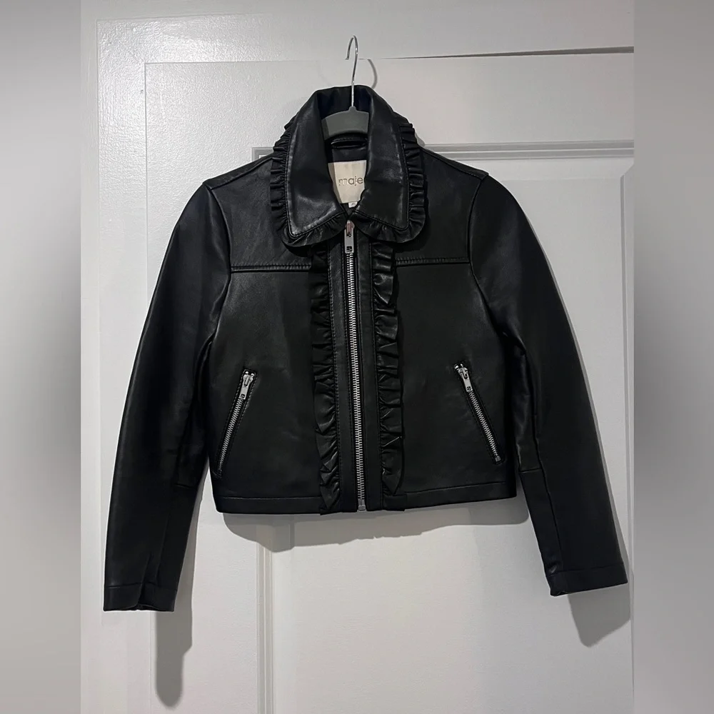 Maje Black Leather Ruffled Jacket - Picture 5 of 11